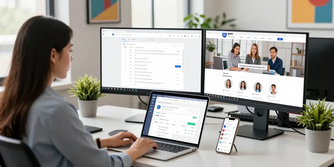 Professional woman using the WPS Official Website in a modern office setting