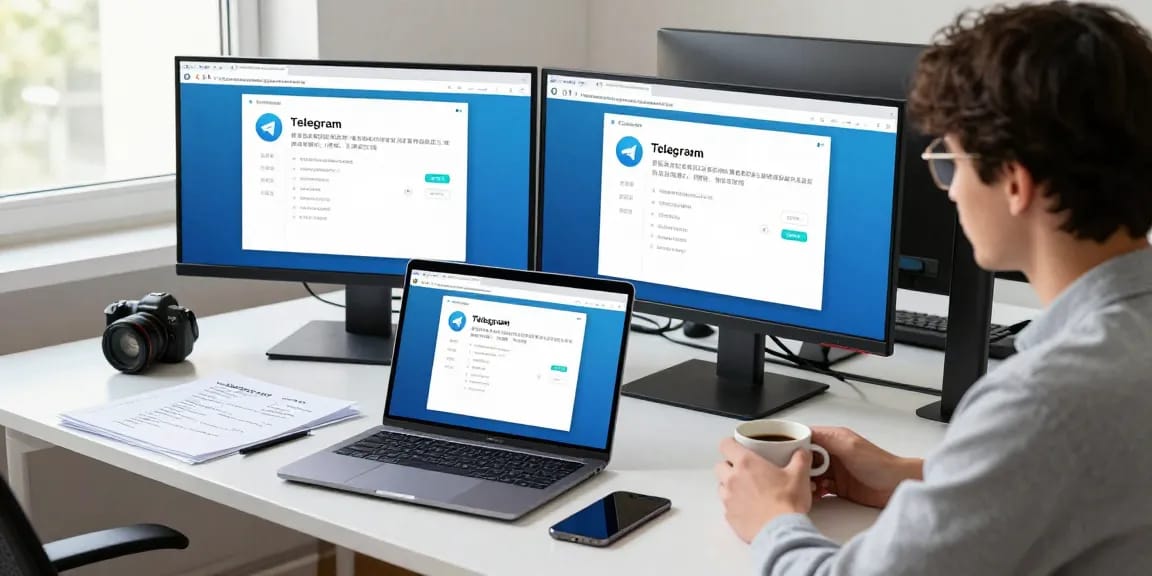 Setting up Telegram Chinese interface on various devices in a modern workspace.