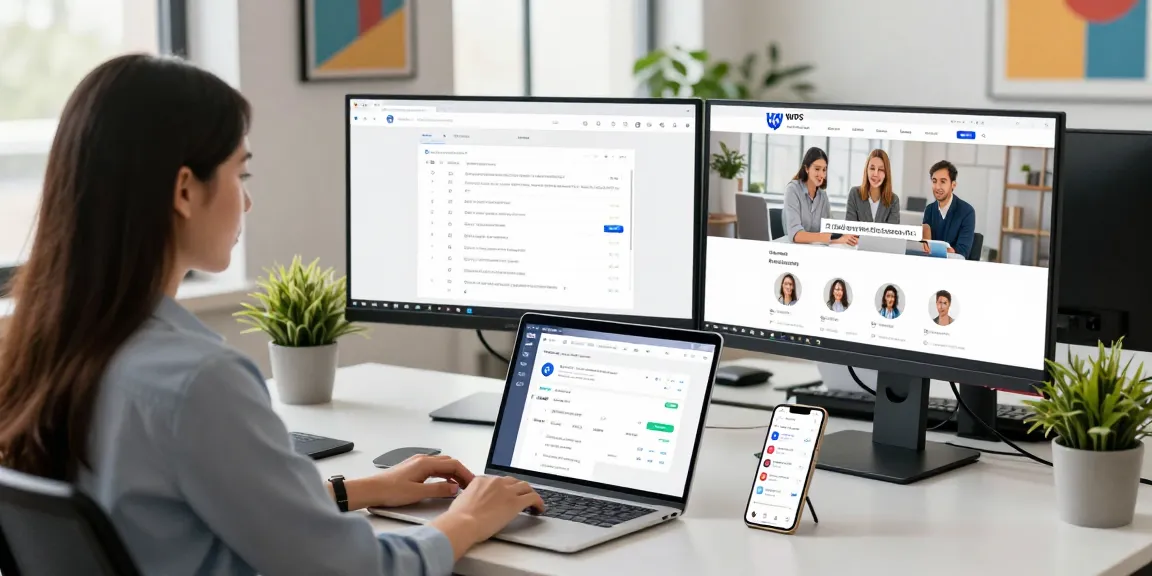 Professional woman using the WPS Official Website in a modern office setting