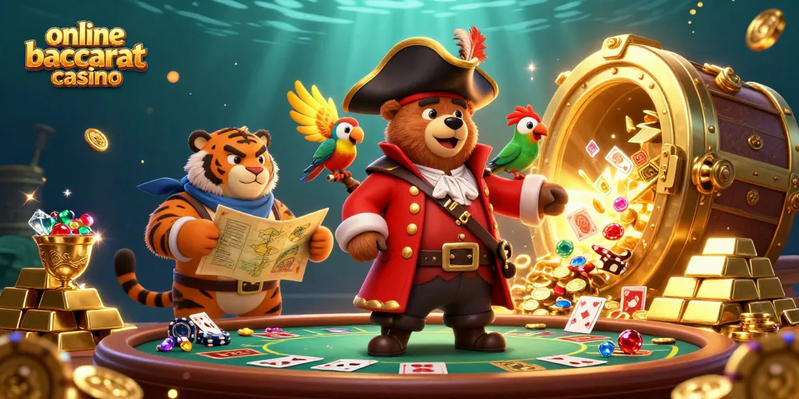 Immerse in the excitement of online baccarat casino with dynamic, treasure-filled scene featuring a pirate captain bear, tiger first mate, and gold.