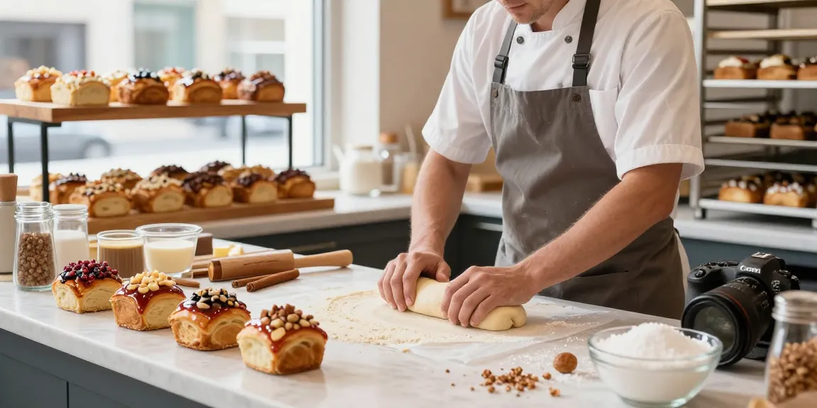 Freshly baked sticky buns Calgary surrounded by delicious ingredients in a cozy bakery.