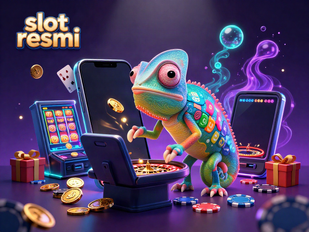 Experience thrills at slot resmi, featuring a colorful chameleon casino owner amidst golden coins and vibrant gaming elements.