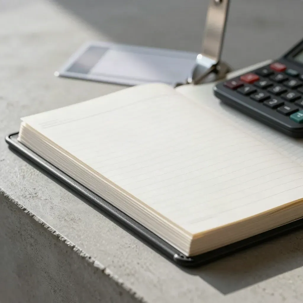 Extreme macro of bookkeeping tabs, dividers, clipboard and calculator block on cool concrete