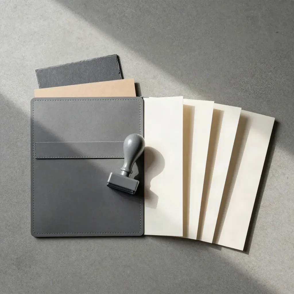 Flatlay of an Ontario registration pack with graphite sleeve, stamp block and paper corners