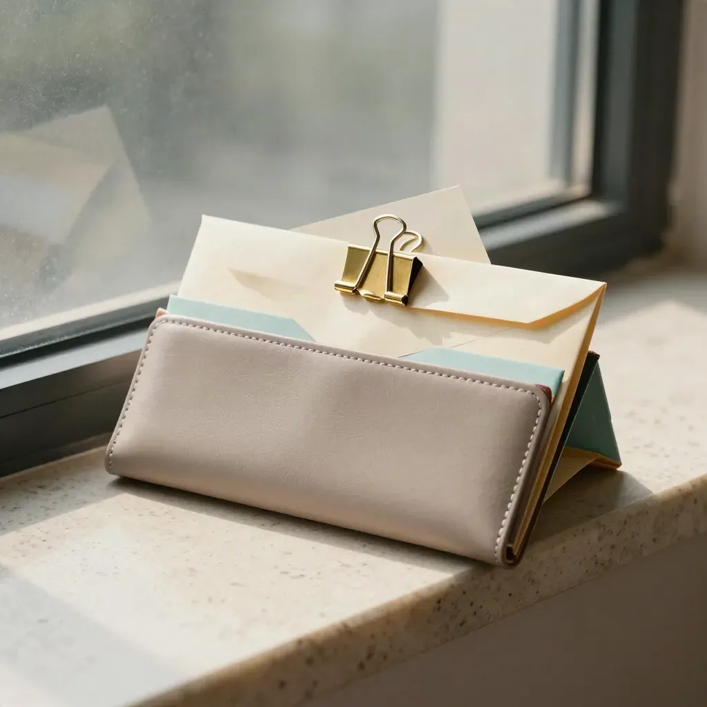 Cream filing wallet, envelopes, and brass clip on travertine ledge in misty morning light