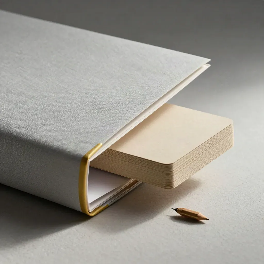 Pale linen business plan folio with blank cards and a pencil stub in raking light.