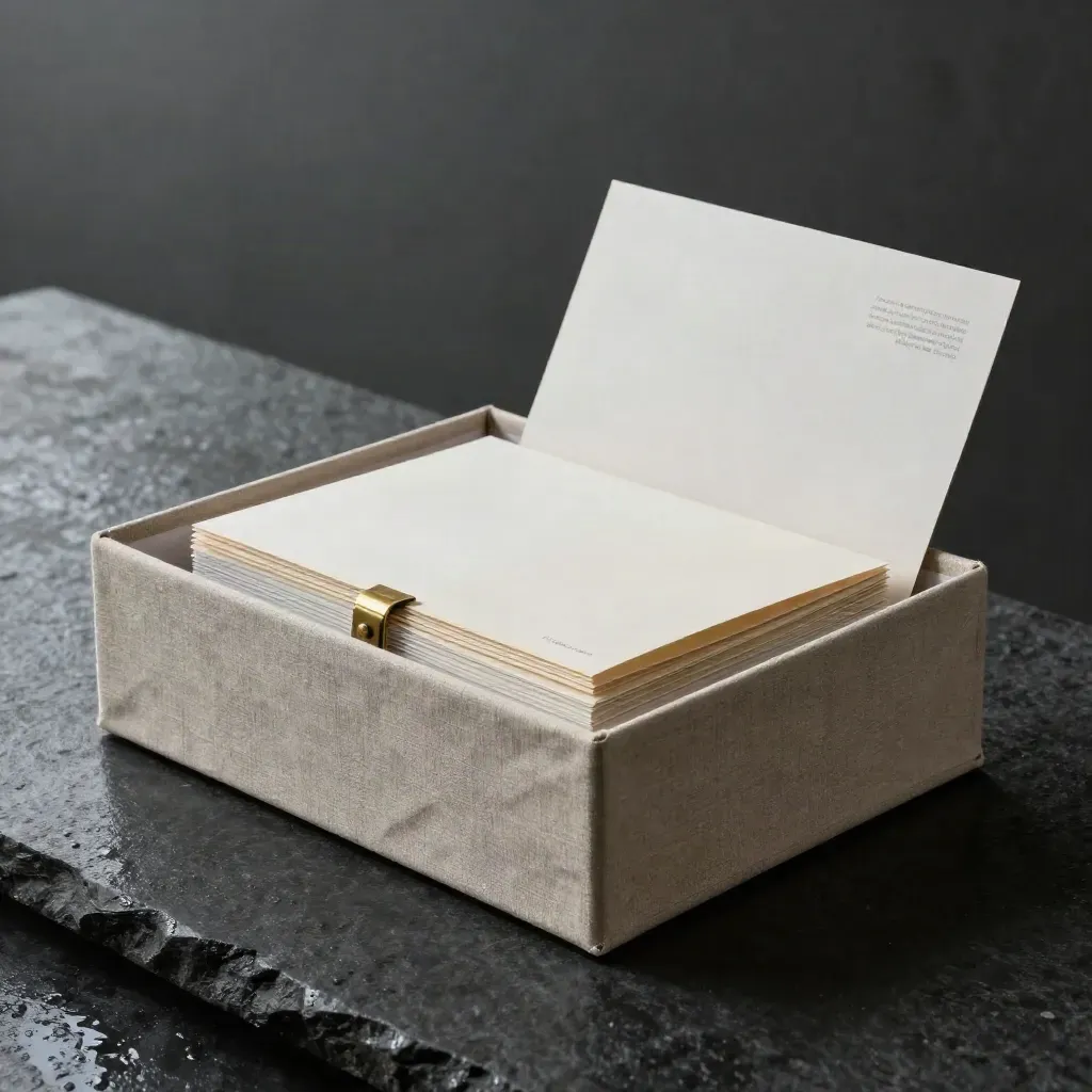 Open linen startup kit box with folders, booklet stack and cards on a rain-damp stone surface.