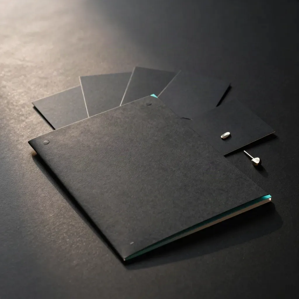 Teal-edged launch kit with blank cards and metal pin on a dark matte surface.