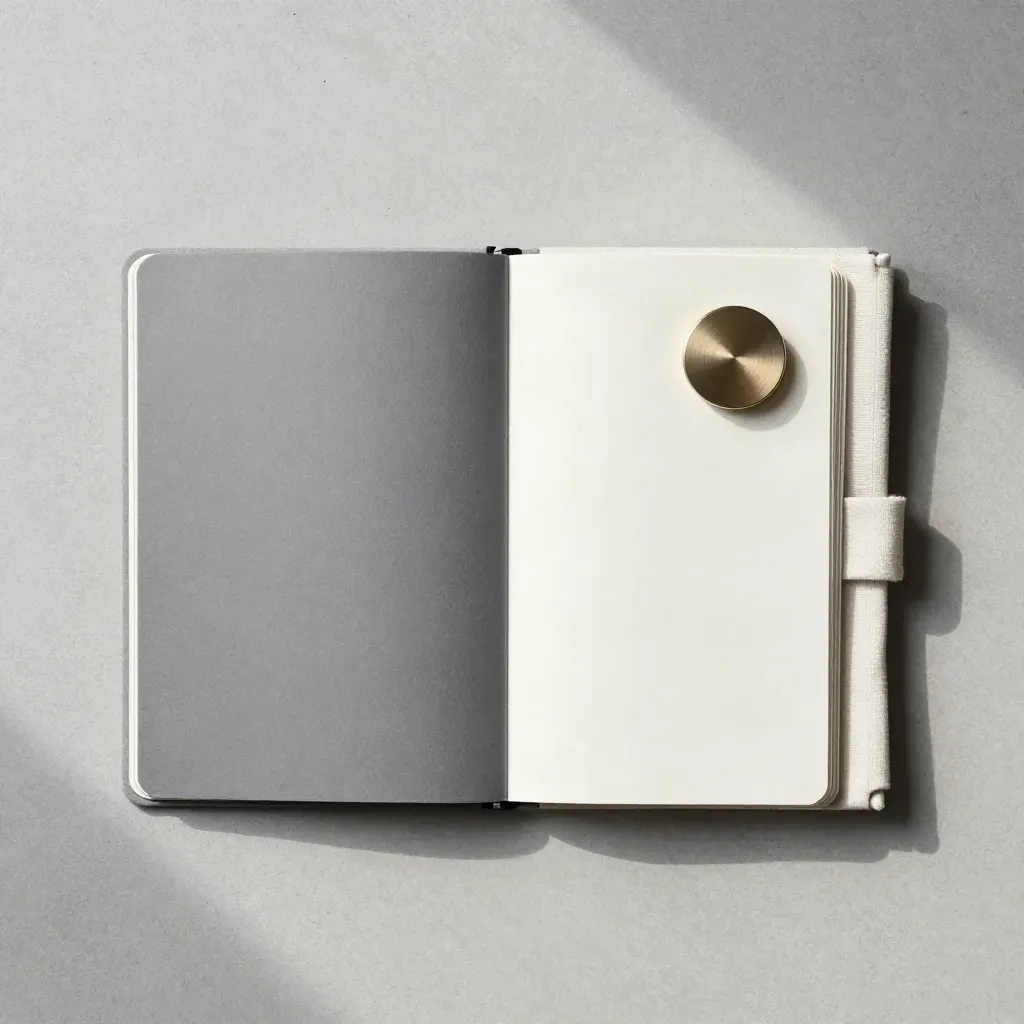 Overhead flatlay of a slate notebook, process cards, metal token and cloth divider on concrete.