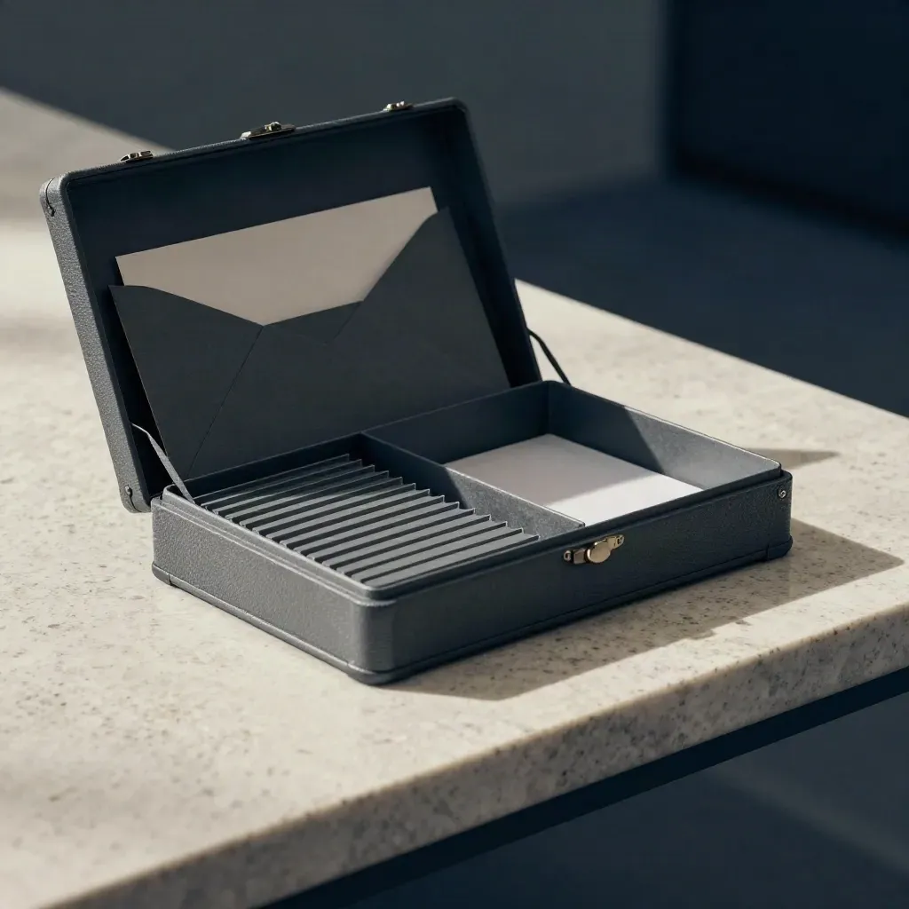Matte graphite incorporation kit partly open on travertine, with blank divider cards and a sleeve.