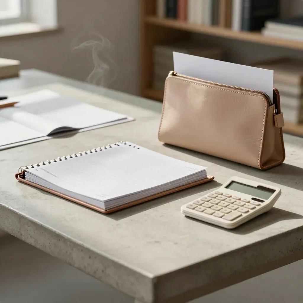 Open bookkeeping starter pack with calculator, dividers and insert on a concrete tabletop.