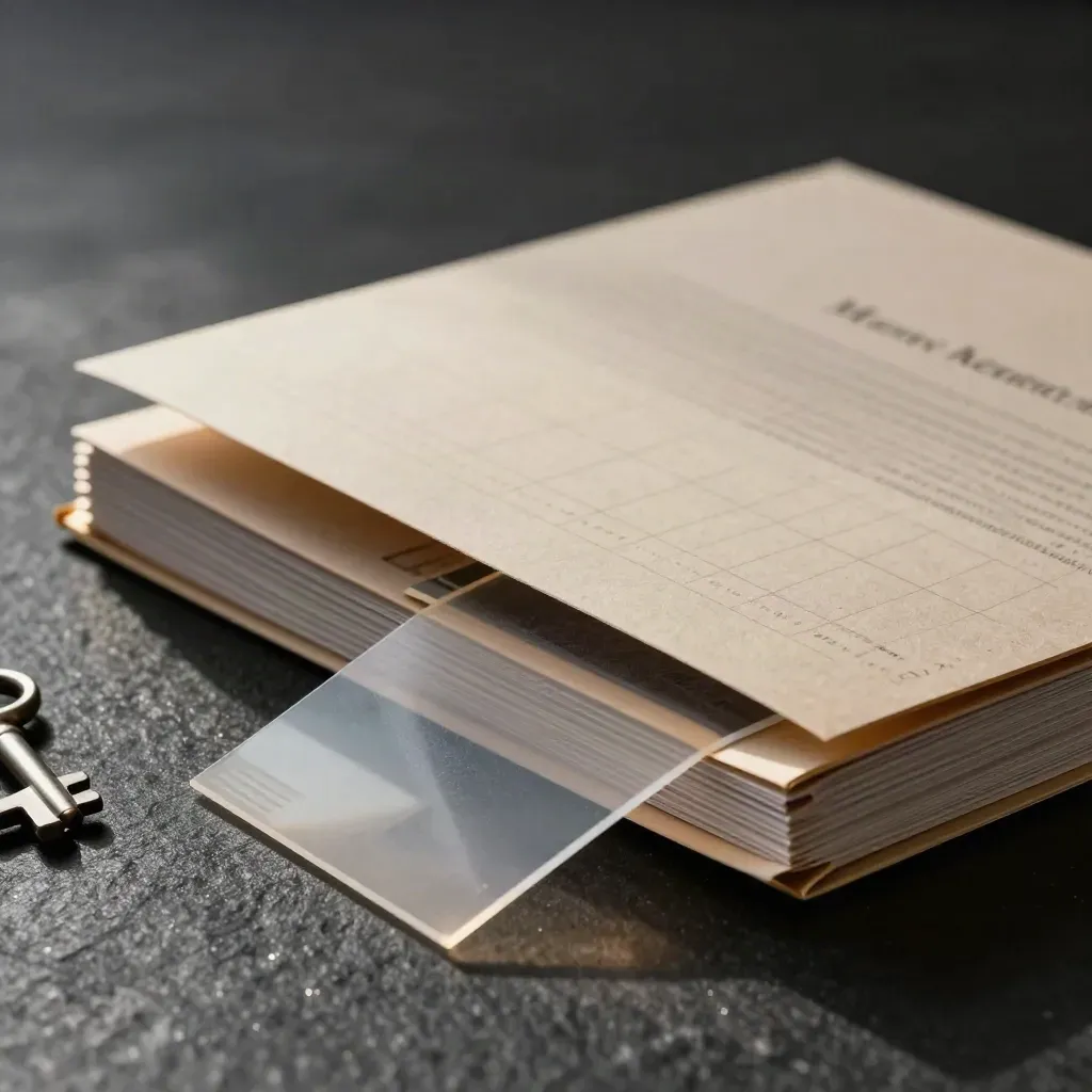 Slate audit folder, blank review cards and gold clip on black stone in dramatic studio light