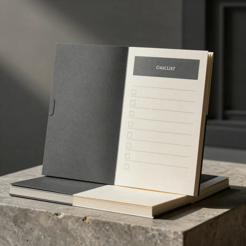 Charcoal launch checklist folio stack on slate stone with cool haze and a blurred studio backdrop.