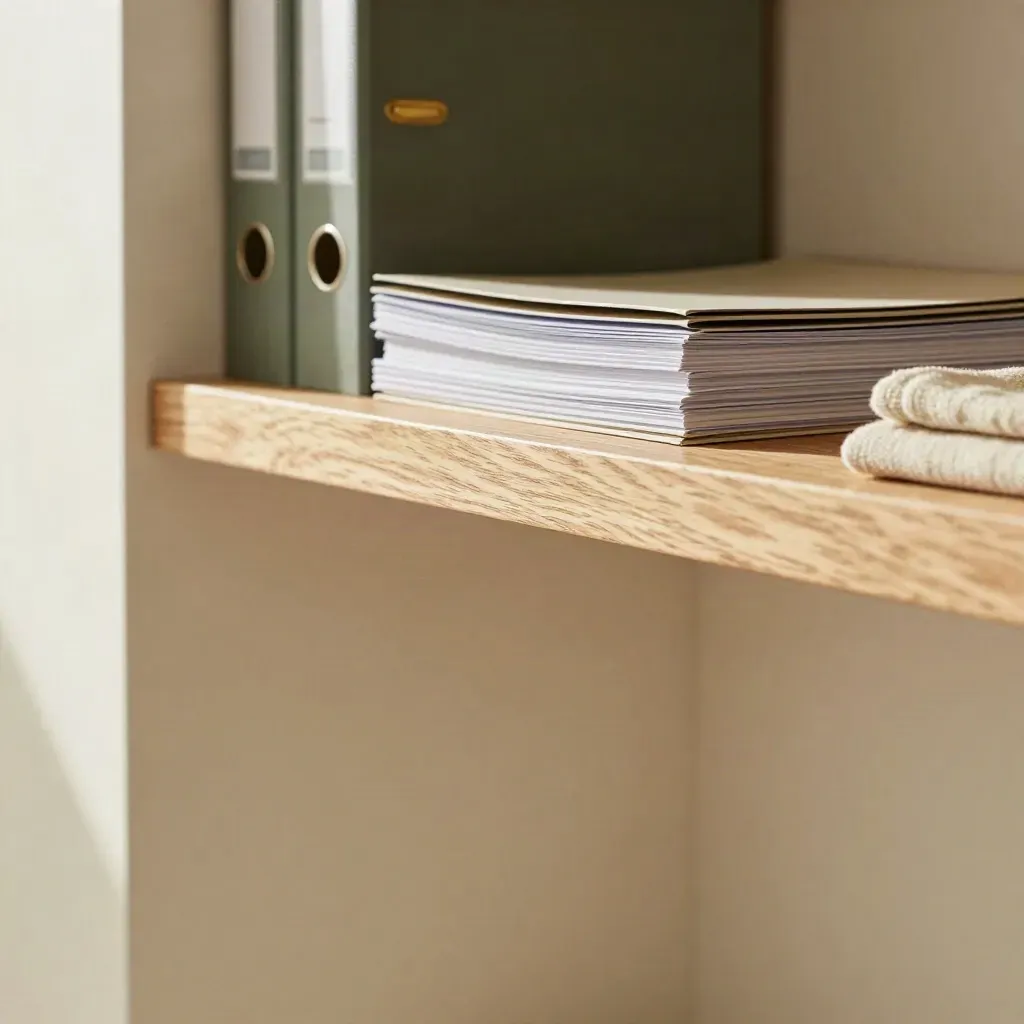 Sunlit oak shelf with folders, ceramic vessel and calm open space for copy