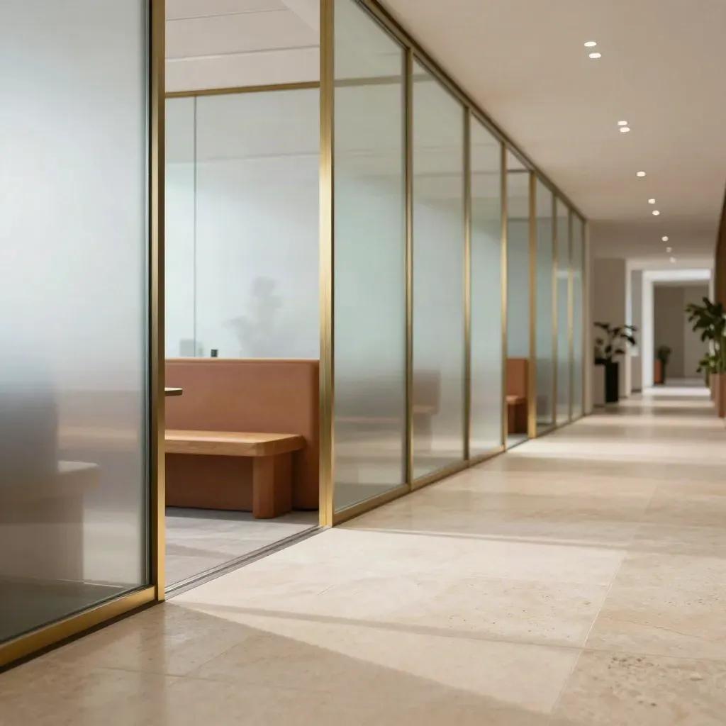 Sunlit glazed corridor with pale stone floor, brass details, and a blurred plant silhouette.