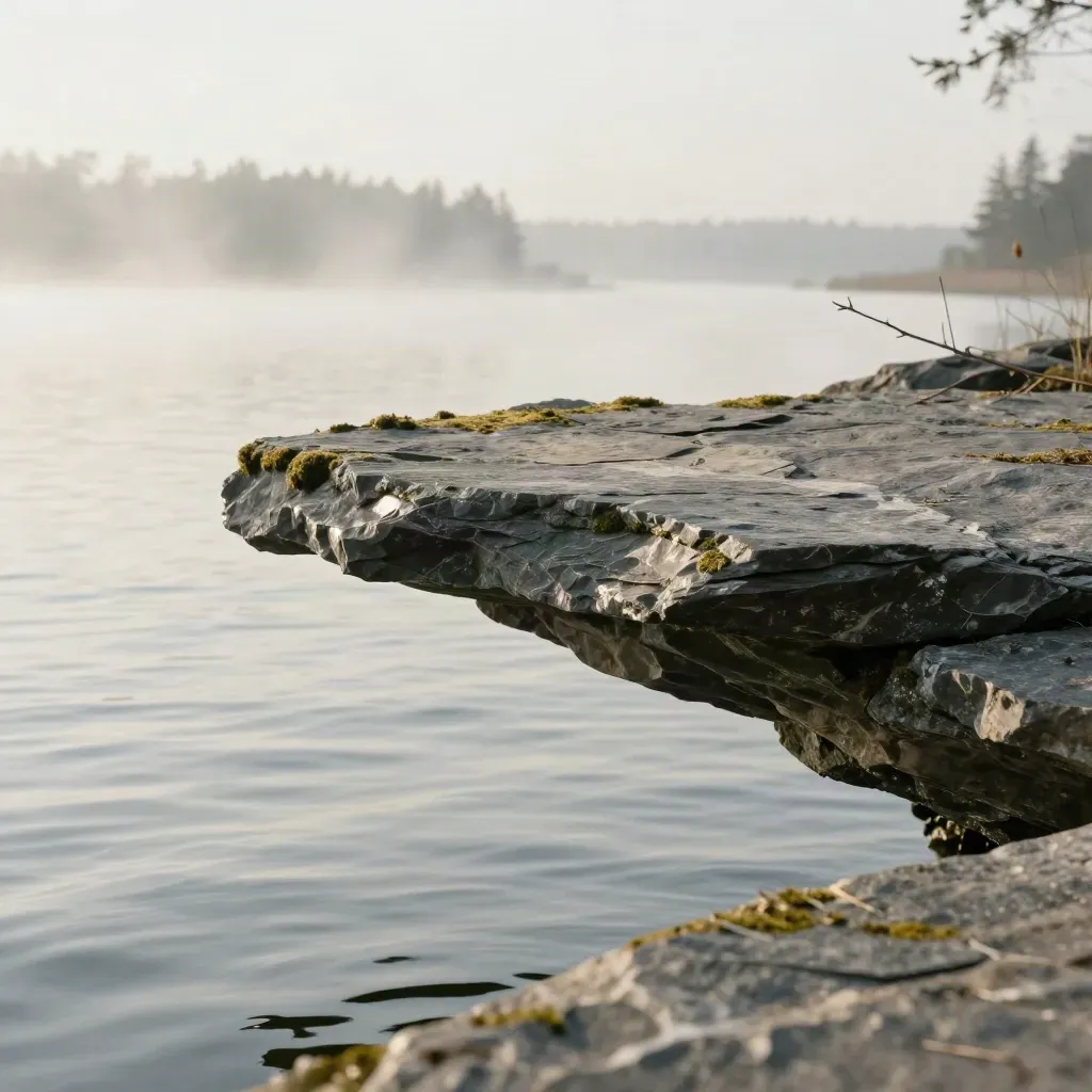 Slate rock shelf above misty water and treeline in soft low sun