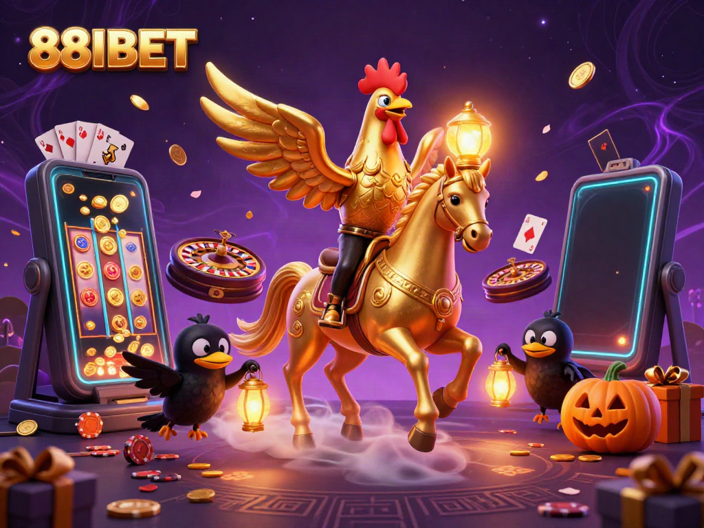 Experience vibrant gaming action with 88IBET in a dynamic casino scene featuring golden rooster and lanterns.