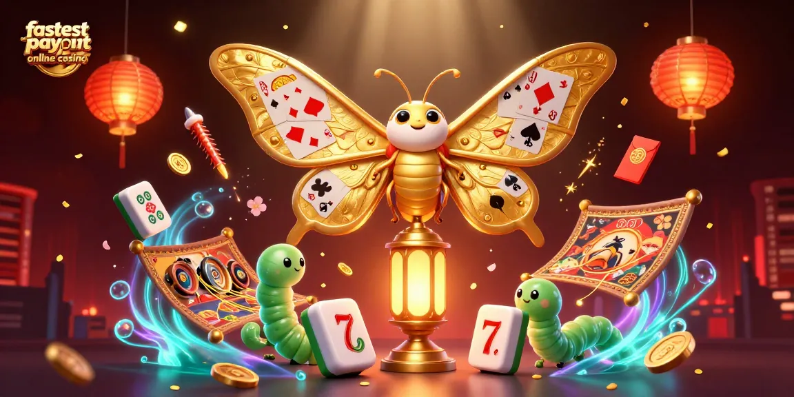 Experience the fastest payout online casino scene with a vibrant 3D illustration of a golden moth and casino elements.