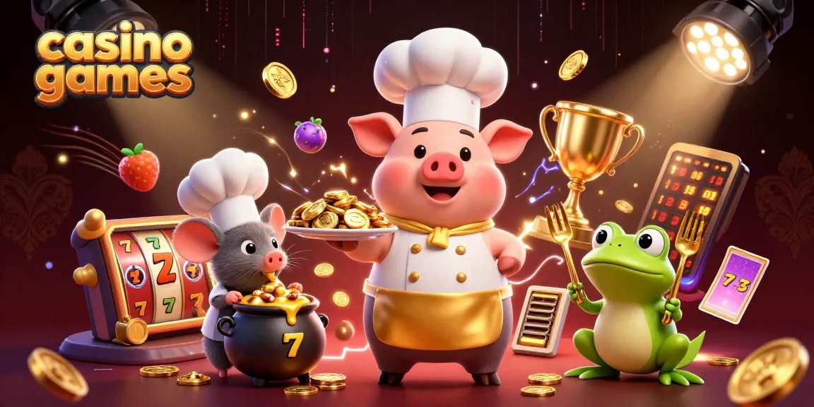 Enjoy exciting casino games with a 3D pig chef serving gold coins in an electrifying atmosphere.