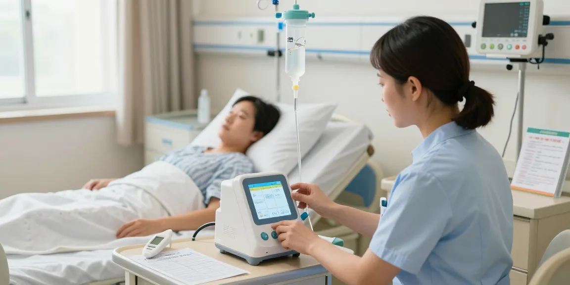 The nurse adjusts the feeding tube machine settings in a warm hospital room, ensuring patient care is prioritized.