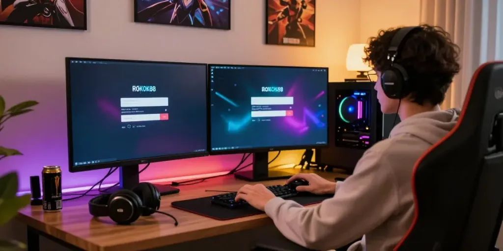 rokok88 login interface in a gamer’s cozy setup with LEDs and modern decor