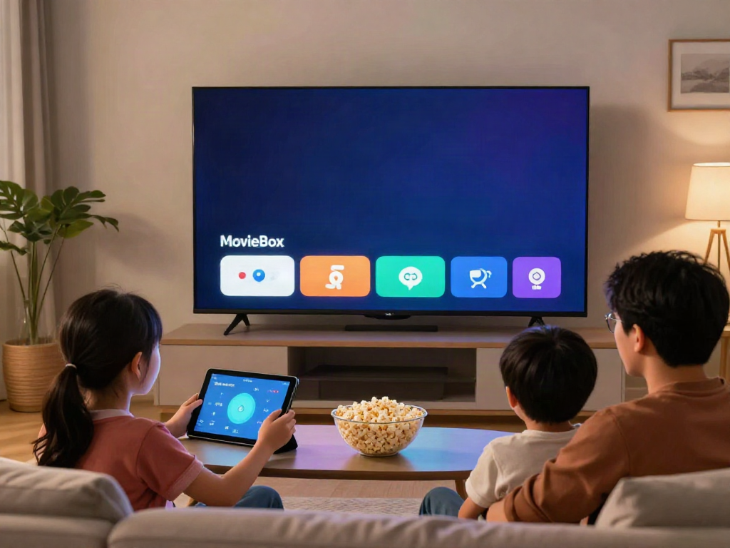 Family enjoying movie night with the MovieBox app, highlighting download moviebox.